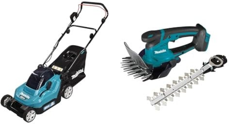 Makita DLM382PM2 Akku-Rasenmäher 2x18 V / 4,0 Ah, 2 Akkus + Doppelladegerät & DUM604ZX Akku-Grasschere 18V (ohne Akku, ohne Ladegerät)