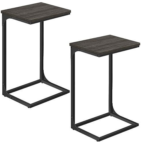 VASAGLE C-Shaped Side Table, Set of 2, Bedside Table, Sofa Side Table, with Metal Frame, Industrial, for Living Room, Bedroom, Grey Oak and Ink Black LET355B42