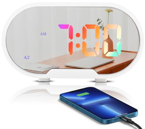 Pretfy Wecker Digital,LED Spiegel-Wecker mit Große Display, Tragbarer Wecker mit Snooze,USB-Aufladung Spiegelwecker Wecker 0hne Ticken für Room Dekor und Büro