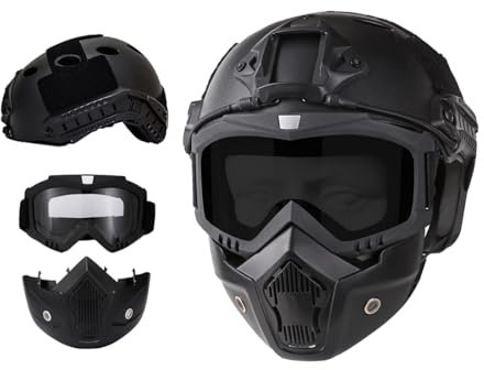 Airsoft Helm und Vollgesichts Maske, abnehmbare Airsoft Brille, Paintball PJ Fast Helm mit Front NVG Mount und Side Rail