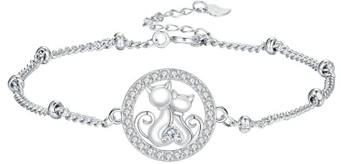 Hifeeled Bracelet Chat pour Femme Argent Sterling 925 Bracelet Mère et Fille,Cadeaux Originaux pour Femmes Epouse Amoureux des Animaux -Réglable(16cm+4)