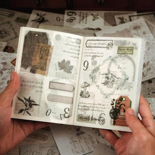 DAKLUNAR Scrapbooking Sticker Set, 40 Blatt Washi-Papier Scrapbook Aufkleber, Selbstklebend, Pflanzen & Pilz Muster, für Scrapbooking, DIY-Grußkarte, Tagebuch, Laptop, Geschenkverpackung