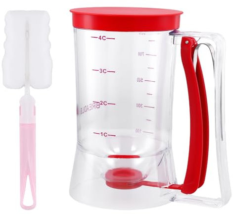 Pancake Batter Dispenser, Handheld Griddle Batter Dispenser with Brush Squeeze Handle Design Cupcake Waffle Mix Dispenser Baking Tools for Precise Portion Control (Red)