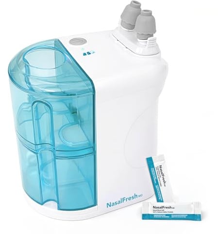 NASALFRESH MD - Dual Powered Nasal Irrigation System Nasal Rinse and Wash - Sinus Decongestant Relief System w/ 30 Saline Packets - Rechargeable - Multi-User, 2 Sets of Nose Pillows - Snoring Remedy