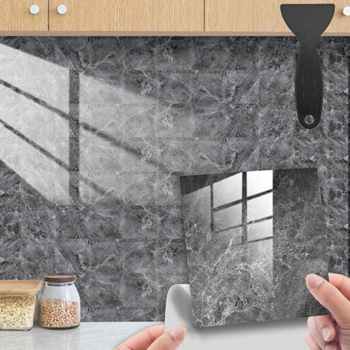 Marble Tile Stickers Grey Self Adhesive Wall Tiles Stickers DIY Kitchen Tile Stickers Home Decor for Kitchen Bathroom Backsplash PVC Tiles Waterproof Oil Proof 10×10cm(4×4in) Grey Marble Pattern 20P