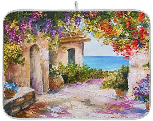 Saugstarke Trockenmatte Mit Aufhängeschlaufe 41x46cm, Schönes Haus Am Meer Mit Bunten Blumen Geschirrtrocknungsmatte Hitzebeständige Schnelltrocknend Spülbeckenmatte