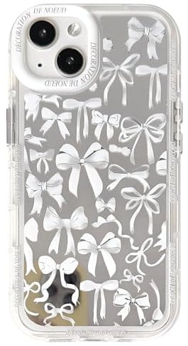 NITITOP Compatible with iPhone 13 Case Cute Glossy Mirror White Bowknot Pattern for Women Girls Bow Ribbon Design Shockproof Silver Protective Phone Cover - White