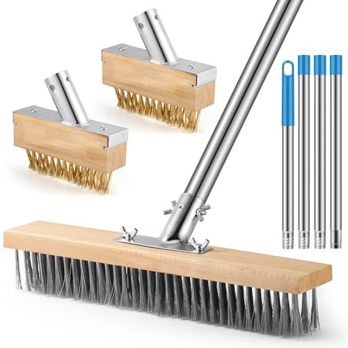 COZCLAM Heavy Duty Wire Broom Set with 63 Telescopic Handle, 14 Floor Brush & 2 Crevice Brushes, Stiff Metal Bristle Outdoor Scrubbing Brush for Patio, Deck, Walkway Cleaning and Moss Grout Removal