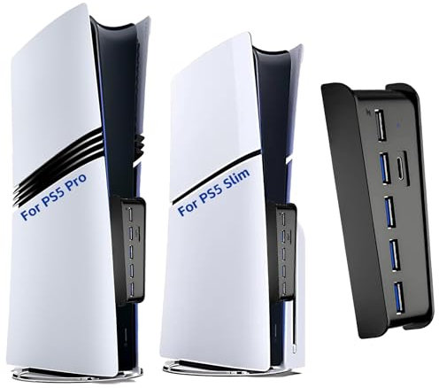 6 Ports USB Hub für PS5 Pro/Slim Konsole, High-Speed Expander Hub Ladeanschluss mit 4 USB-A 2.0 + 1 USB Ladeanschluss + 1 Typ C Anschluss, Kompatibel mit Playstation 5 Pro/Slim Frontbuchsen
