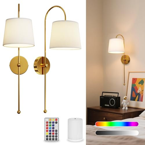 Yinglap Battery Operated Wall Lights, 2 Rechargeable Wall Lights Indoor with Remote & 5000mAh Magnetic Dimmable Bulbs, 18 Colors Battery Powered Wireless Wall Sconces for Living Room Bedroom Gold