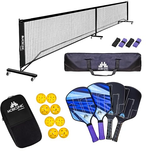 Mobiclinic®, Pickleball-Set, Fiberglas-Schläger, Bälle für Drinnen und Draußen, Tragetasche, Ergonomischer Griff, Polypropylen-Wabenkern, Rutschfester Griff (4 Schläger + 8 Bälle + Netz)