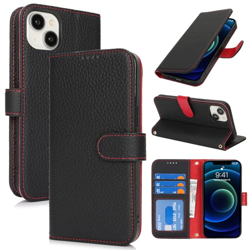 Zouzt Leather Wallet Case for iPhone 13 Mini, 4 Card Slot, Black & Red | Genuine Leather, Card Holder, Shockproof TPU Shell, Magnetic Closure, Protective Flip Folio Phone Cover, For Women Men