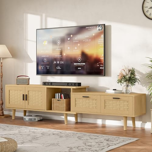 LONELYO Ausziehbarer TV-Schrank aus heller Eiche und Rattangeflecht, 169 cm modular, für Fernseher bis zu 75 Zoll – TV-Schrank, verstellbare TV-Bank, ausziehbar