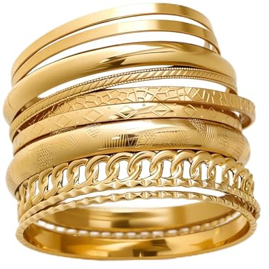 RIXERKOC 10 Stück Gold Armreif Armbänder für Damen, Stapelbar Indische Armreifen Set, Mehrschichtige 14K Vergoldet Chunky Armbänder Boho Schmuck Geschenke für Weihnachten Muttertag