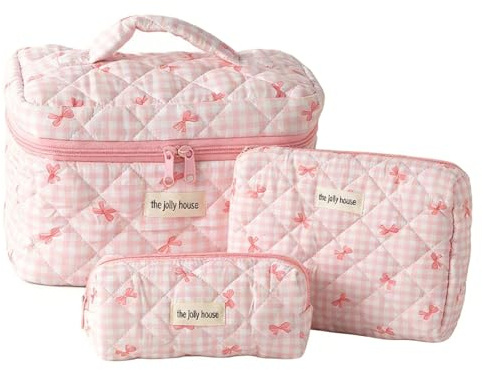 LIUYIDM 3 Stück Kosmetiktasche Kulturtasche Damen Rosa Schleife Make Up Bag | Makeup Bag Baumwolle Kulturtasche Damen Kosmetiktasche Damen Blumenmuster Kulturtasche Set für Alltagsgebrauch Reisen