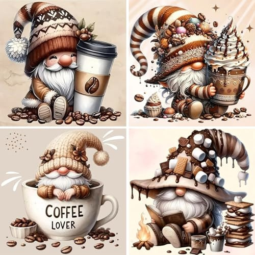 NAIMOER 4 Pack Gnomes Diamond Painting für Erwachsene, 5D Kaffee Zwerg Diamant Painting Bilder, Diamant Painting Set für Anfänger, DIY Mosaik Bastelset für Haus Wanddeko, 30x30cm