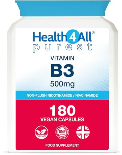 Health4All Vitamin B3 Niacin as Nicotinamide (Niacinamide) 500mg 180 Capsules (V) Purest, No Additives, Vegan, Gluten Free No-Flush Niacin Capsules