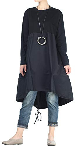 Vogstyle Damen Langarm A-Linie Beiläufige Lose mit Tasche T-Shirt-Kleid Art 3-Schwarz L