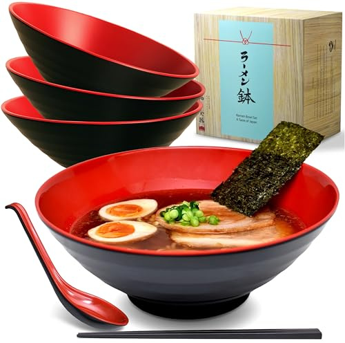 APEX S.K. Large Japanese Ramen Bowl Set 4x 51Oz Melamine Bowls Matching Spoons Chopsticks Asian Soup Bowls for Ramen Pho Udon and Chinese Noodle Dishes Red & Black Design Large Soup Bowl