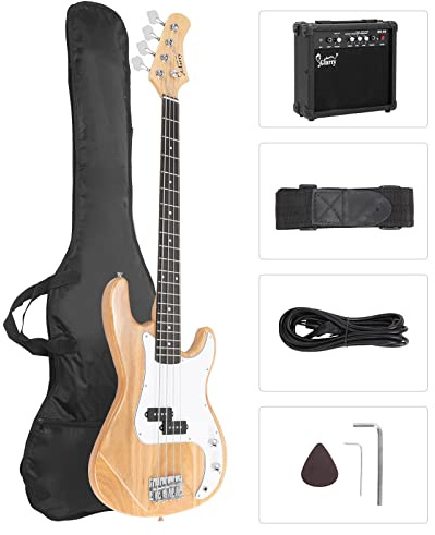 GLARRY E-Bassgitarre in voller Größe mit 20 W Ampere, 4-saitiges Anfänger-Starter-Set mit Zubehör inklusive Kabel, Gurt, Tasche für Kinder und Erwachsene (Burly Wood)