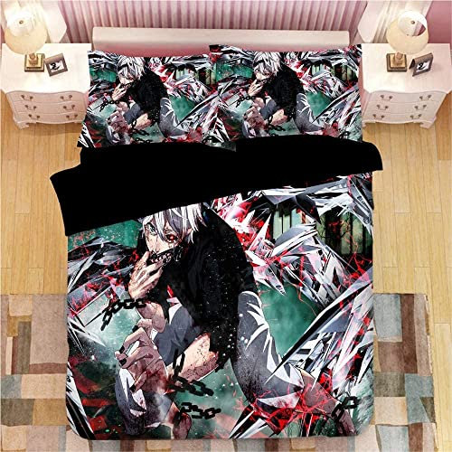 Tokyo Ghoul Kaneki Ken Anime Bettwäsche-Sets Cartoon 3D-gedrucktes Polyestergewebe 1 Bettbezug + 2 Kissenbezüge (keine Bettdecke)