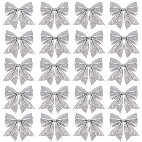 VEYLIN 20pcs Christmas Bow Decorations Christmas Tree Bow Sequin Bows Ties Xmas Ornaments for Home Decoration(Silver)