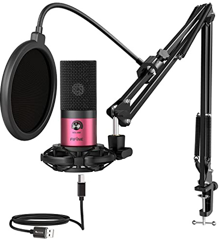 FIFINE Podcast Microphone Kit-USB PC Computer Recording Microphone, Condenser Mic Set for Streaming, Gaming, Voice-Over, Meeting, with Arm Stand, Shock Mount, Pop Filter-T669 Rose Red