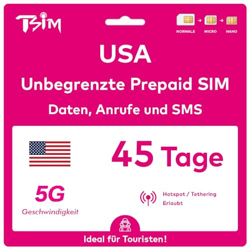 USA SIM-Karte 45 Tage. T-Mobile-Netz mit unbegrenztem Highspeed-Datenvolumen in 5G/4G/LTE | Unbegrenzte Anrufe und SMS innerhalb der USA (einschließlich Hawaii). 5G SIM-Karte!