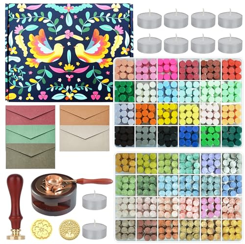 Wax Seal Stamp Kit with Gift Box,48 Color 1200 Pcs Sealing Wax Beads with 2 Pcs Seal Stamp,Warmer,Spoon,Metallic Pen and 10Pcs Tea Candles for Wedding Invitations Wrapping Christmas Letters