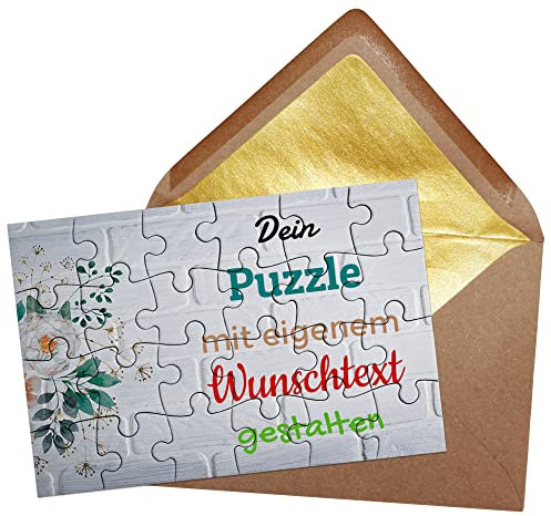 Puzzle selbst gestalten mit Text - 24 Teile Puzzle Personalisieren mit Wunschtext, inkl. Briefumschlag mit Gold-Inlay | Hintergrund Backsteinwand mit Blumen