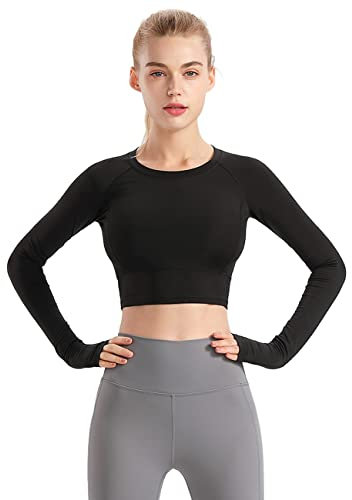 Hanyomo Women Fitness Seamless Long Sleeve Crop Workout Yoga Tops Gym Running Thumb Hole Shirts Black M