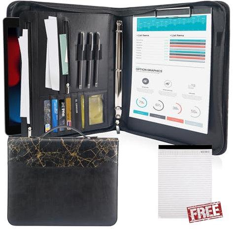 GraduatePro Schreibmappe A4 Leder Dokumentenmappe Business Tablet Mappe Ordner Klemmbrettmappe mit Deckel Organizer Reißverschluss Portfolio Schwarz Marmor