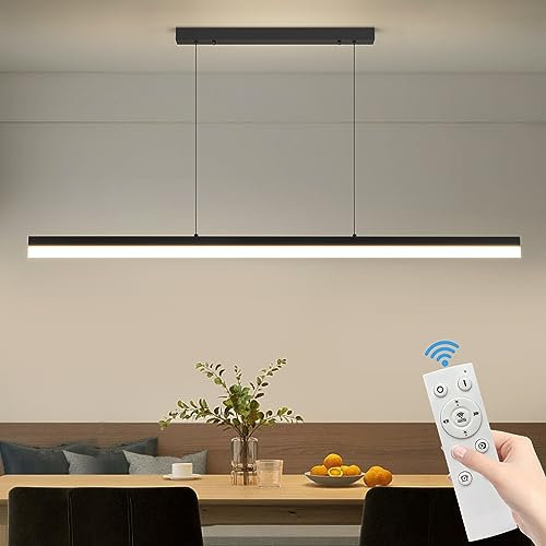 Mikeru Pendelleuchte esszimmer, 48W 120cm Lampe esstisch dimmbar schwarz, Pendelleuchten Mit Fernbedienung Hängelampe Esstisch, 1-150cm Esszimmerlampe Höhenverstellbar, Für Esszimmer Arbeitzimmer