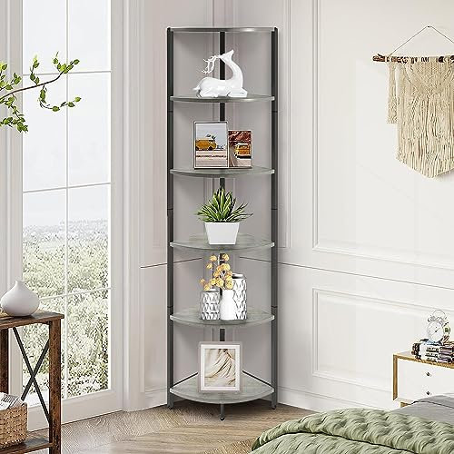 IRCPEN 6 Tier Corner Shelf 63.1 Tall Ladder Corner Storage Shelf Rack Industrial Standing Shelf Organizer Display Rack with Rustic Bookshelf Bookcase Plant Stand for Living Room Bedroom Greige