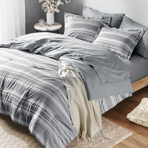 Set completo di biancheria da letto matrimoniale in una borsa, set di biancheria da letto moderno, grigio e bianco a righe con lenzuola, set completo da 7 pezzi