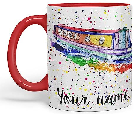 Vixar Personalised with Your Text Narrowboat Canal Boat Watercolour Art Coloured Ceramic Mug Cup Gift 330ml 11oz Custom Work Office Tea Coffee (Red)