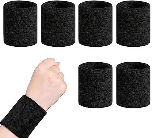 Schweißband, 6 Stück Sport Wristbands, Fitness Arm Schweißband, Saugfähige Handgelenk Schweißbänder, für Handball, Basketball, Tennis, Gymnastik, Laufen in Schwarz