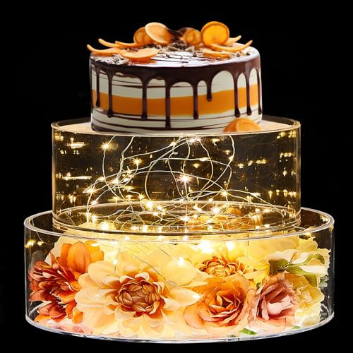 Sunnyray 2 soportes para tartas para mesa de postre, cilíndrico acrílico, soporte para tartas de boda, transparente, rellenable, elevador decorativo para tartas con cuerdas LED para boda, fiesta de