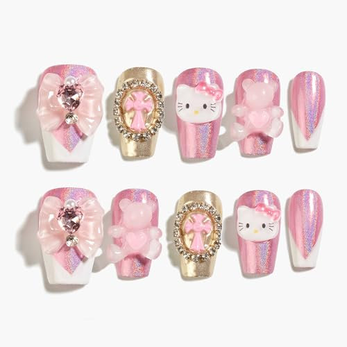 Sun&Beam Nails Handmade Press-on Nails Short Coffin Ballerina Pink White Design False Tips 10Pcs (#112 M)