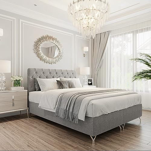 Boxspringbett GracePLUS 180x200 Grau Doppelbett Bett mit Bonellmatratze Topper und Bettkasten Glamour Polsterbett mit silbernen 12 cm Beinen Modern Schlafzimmer Vintage Schlafzimmerbett