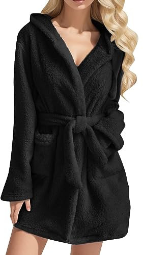 Bademantel Damen Saunamantel mit Tasche Lang Kimono Plüsch Bathrobe Filz Elegant Negligee Lang Hausmantel mit Kapuze Kuschelfleece Reisebademantel Weicher Frauen Kuschelig Personalisiert Winter