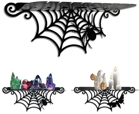 Spinnennetz-Regale aus Metall im Gothic-Stil, Gothic-Dekor-Regal für Kristall-Display, schwarze Hexen-Stil, Spinnen- und Luna-Mottenregale, Halloween-Wandregal, gruselige Heimdekoration für Zimmer, 2