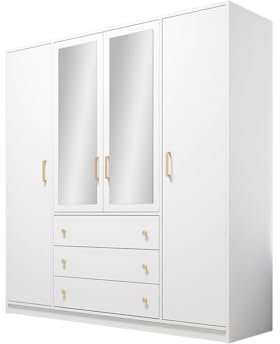 Mirjan24 Drehtürenschrank Raviren Lux 4D, Kleiderschrank mit Spiegel, 3 Schubladen und Kleiderstange, Elegantes Schlafzimmerschrank, Jugendzimmerschrank (Weiß)