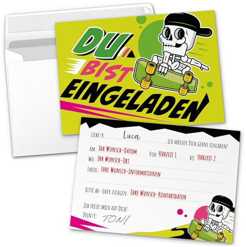 8 PERSONALISIERTE Einladungskarten Kindergeburtstag mit Umschlägen, Cooles Skateboard Skaten, Karte Geburtstag Einladung selbst gestalten mit Text