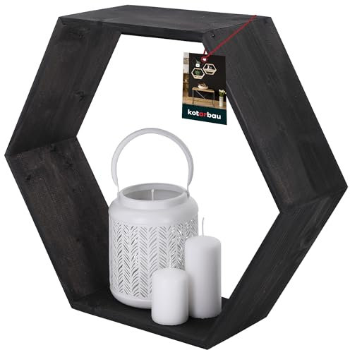 KOTARBAU® Hexagon Wandregal Schwarz 14x47x41 cm Mit Ablage - Holz Blumenregal für Wand