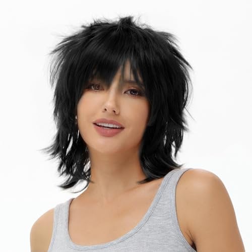 BUYOGET Anime Halloween Wig for Cosplay Party, Synthetic Layered Short Hair Wigs with Bangs Black