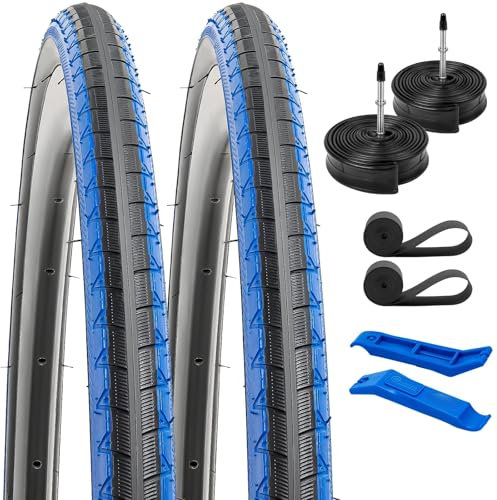 YunSCM 2er-Pack 28 Zoll Fahrradreifen 28x1.10 700x28C ETRTO 28-622 und 700C Schlauch FV60mm Presta Valve, kompatibel Bike 700x25C 700x28C 700x30C Fahrrad 28 Zoll Reifen schlauche |Blau-schwarz