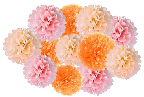 ZYOOO 12 Stück Tissue Pom Poms, 25cm/30cm Seidenpapier Pompons Hängende Dekoration für Sommer Hawaiian Party, St.Patrick's Day, Geburtstag Neutrale Party Supplies (Rosa,Orange)