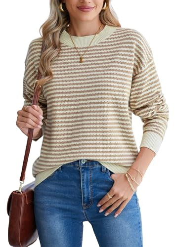Famulily Maglione da donna a righe traforato a blocchi di colore girocollo a maniche lunghe allentato maglione pullover top, cachi, XXL