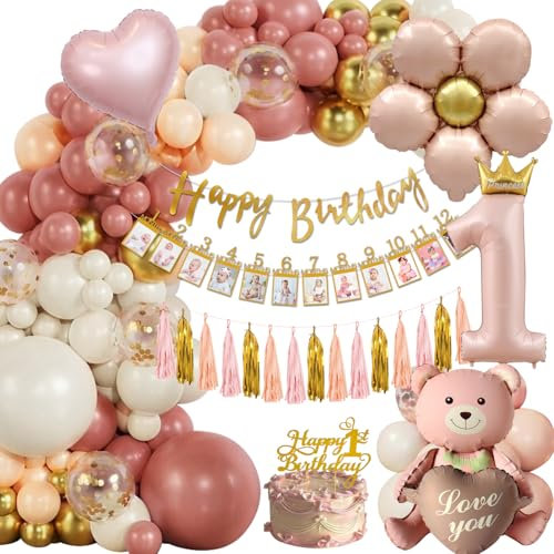 Deko 1. Geburtstag Mädchen: Retro Rosa und Gold Dekoration mit Luftballons und Happy Birthday Girlande